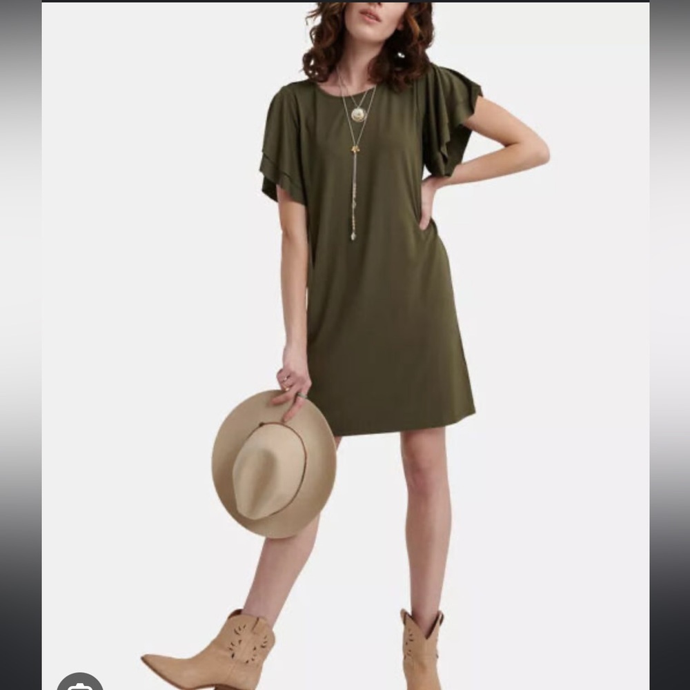 Lucky Brand Olive Green Shirt Dress with Ruffle Sleeve - Size Medium